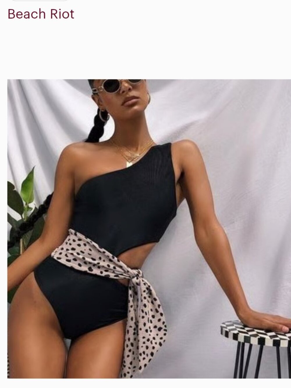 NWOT Beach Riot Carlie One-Piece Swim Suit  Sz Medium Black-Taupe Polka-Dot Sash